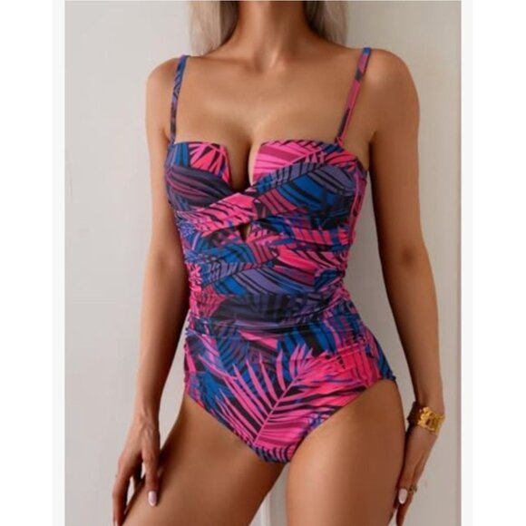 Eomenie Womens Med Push Up Wrap Tummy Control One-Piece Swimsuit Tropical Print - Picture 3 of 13